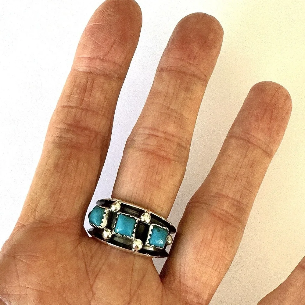 Navajo Turquoise Mens Band Sz 11 Three Stone‎ Ring 12mm Sterling Dark Cadman